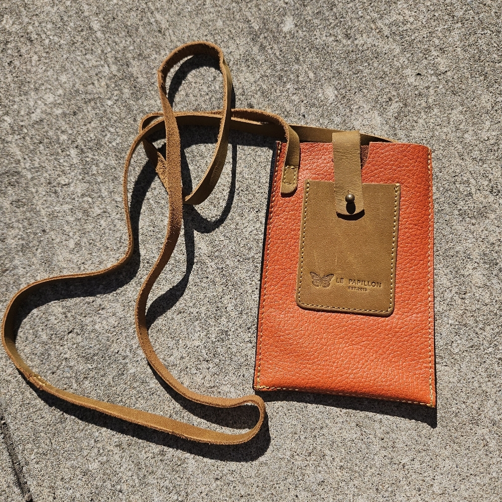 Le Papillon Orange & Tan Leather Handmade Crossbody Cell Phone Bag